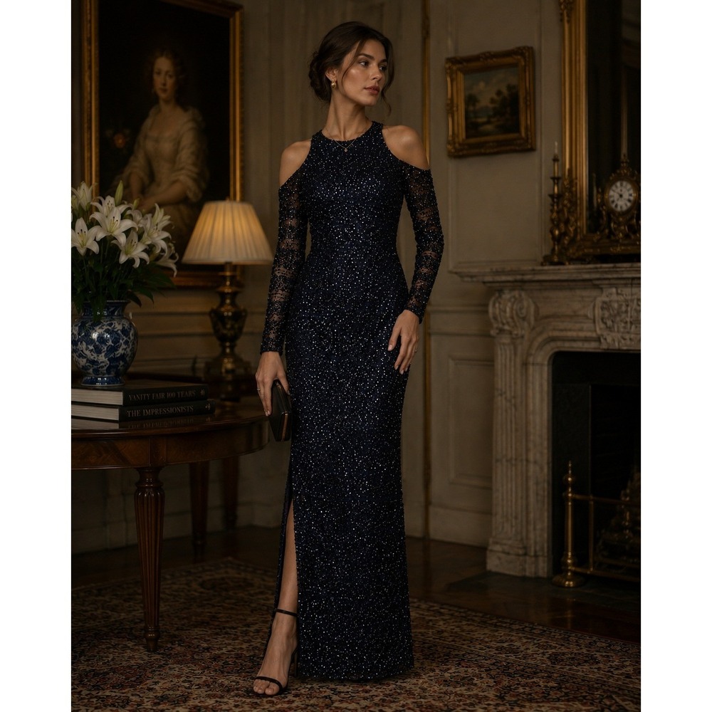 Aidan Mattox Gown Womens 0 Blue‎ Sequin Cold Shoulder Formal Gala Wedding Guest